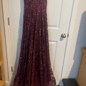 Sequined Plum Evening Gown Camille Sz 2 sheer sparkle overlay. Sheer bustier